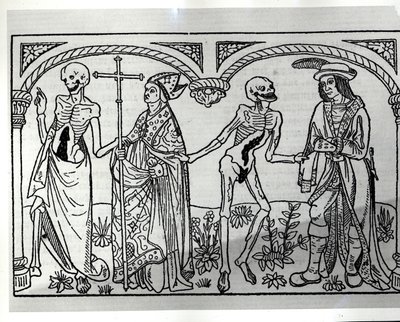 Death taking the Bishop and the Nobleman, from the Danse Macabre, published Paris, 1485 by Guy Marchant